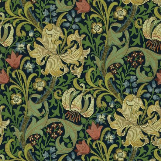 Выбрать дизайнерские обои Golden Lily арт. 216816 из коллекции Compilation Wallpaper от Morris с изящным цветочным рисунком в изумрудных тонах из каталога
