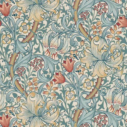 Выбрать дизайнерские обои Golden Lily арт. 216818 из коллекции Compilation Wallpaper от Morris с изящным цветочным рисунком , в бежево-голубых тонах из каталога
