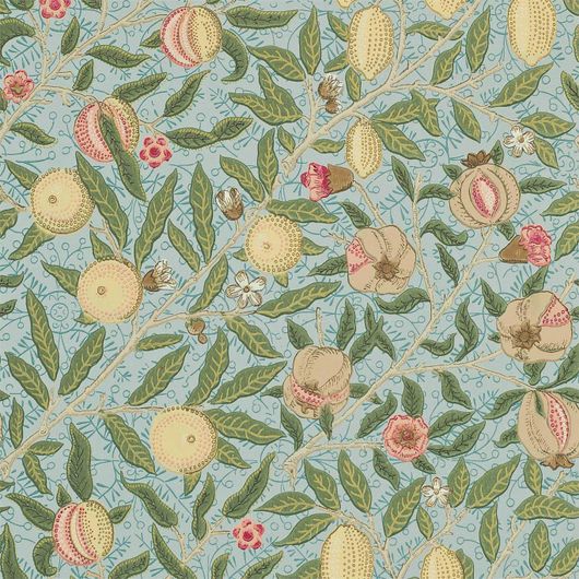 Выбрать дизайнерские обои Fruit Slate артикул 216819 из коллекции Compilation Wallpaper от Morris с изысканными плодами  на небесно-глянцевом фоне из каталога