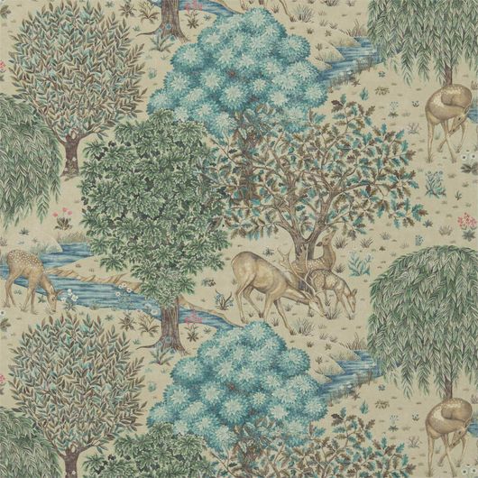 Выбрать дизайнерские обои The Brook Linen арт. 216821 из коллекции Compilation Wallpaper от Morris под ткань гобелен с пейзажным крупным узором лесных животных у ручья на льняном фоне