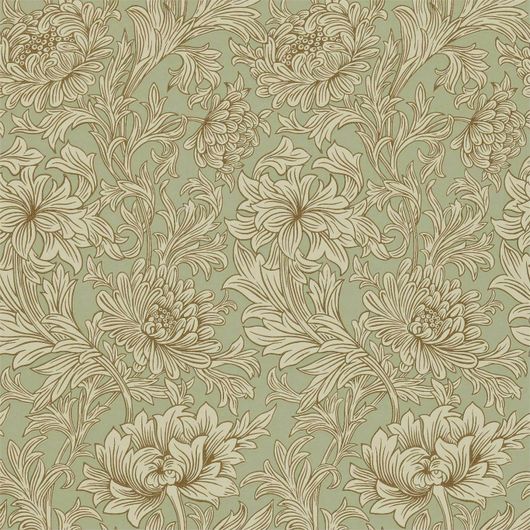 Подобрать обои для спальни Chrysanthemum Toile арт. 216861 из коллекции Compilation Wallpaper от Morris , Великобритания с хризантемами на зеленом фоне.