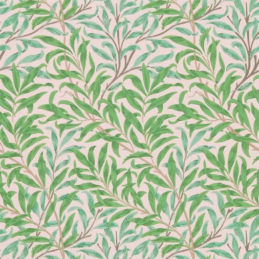 Английские бумажные обои Willow Bough артикул 216949 из каталога  Morris & Co с растительным узором ивовых ветвей зеленого цвета на бежевом  фоне для спальни, гостиной или коридора