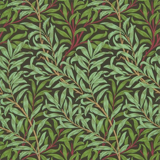 Английские бумажные обои Willow Bough артикул 216950 из каталога  Morris & Co с растительным узором ивовых ветвей зеленого цвета на темном  фоне для спальни, гостиной или кабинета