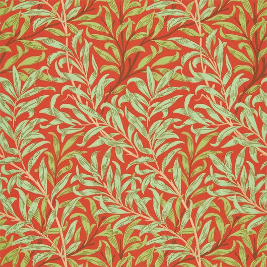 Обои бумажные Willow Bough артикул 216951 из каталога  Morris & Co с растительным узором ивовых ветвей оливкового цвета на томатно-красном фоне
