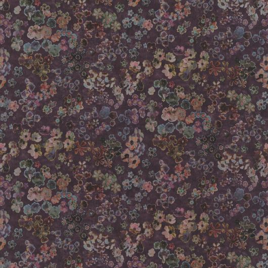 Виниловые обои с цветочным многоцветным мелким узором на темно фиолетовом фоне для спальни из каталога Botanical