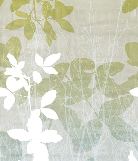 Фотопанно The Grove от ECO Wallpaper с принтом из крупных ветвей с листвой зеленого и белого цвета на неоднородном серо-зеленом фоне. Заказать обои для стен в Москве, онлайн оплата.