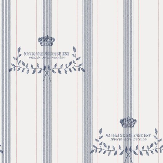 Обои Marstrand, Boråstapeter с тройными синими полосами в обрамлении тонких красных линий и рисунком из перекрещивающихся стилизованных ветвей и короны. Купить шведские обои для стен в интернет-магазине, бесплатная доставка.