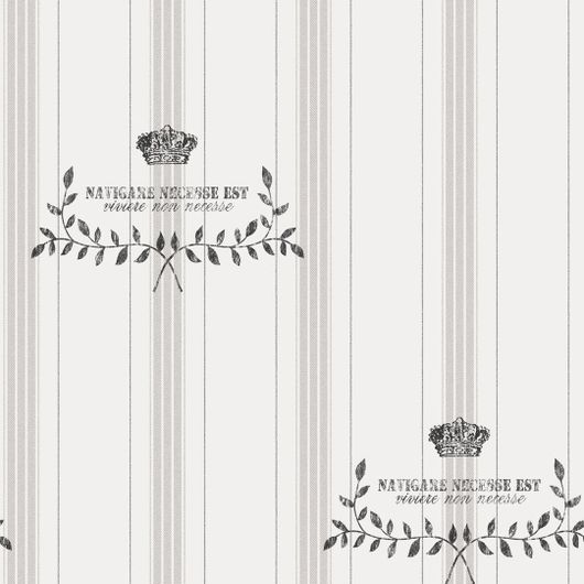 Обои Marstrand, Boråstapeter с тройными серыми полосами в обрамлении тонких линий и черным рисунком из перекрещивающихся стилизованных ветвей и короны. Купить шведские обои для стен в интернет-магазине, бесплатная доставка.