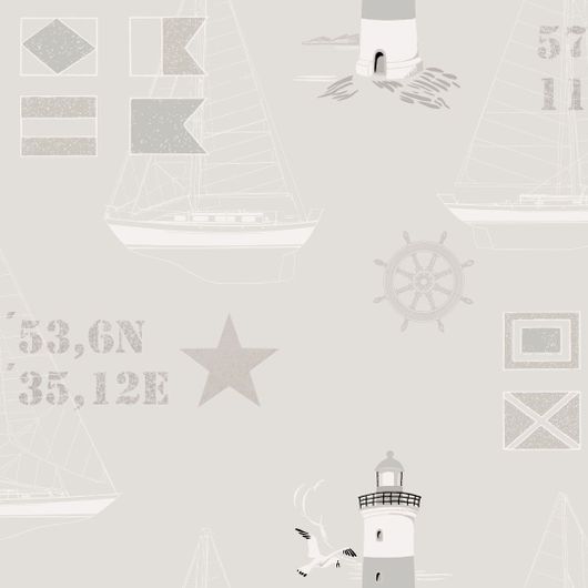 Обои Marstrand, Borastapeter в серо-бежевой гамме с изображением  морской символики в виде корабельных флагов, звезд, штурвалов, силуэтов шхуны и маяка с кружащими над ним чайками. Обои для детской. Купить в Москве.
