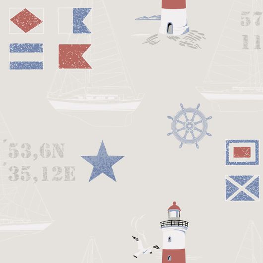 Обои Marstrand, Borastapeter в сине-красной и бежевой гамме с изображением  морской символики в виде корабельных флагов, звезд, штурвалов, силуэтов шхуны и маяка с кружащими над ним чайками. Обои для детской. Купить в Москве.