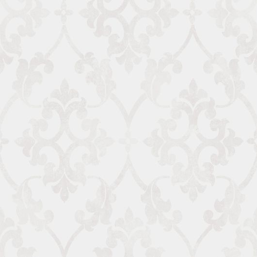 Флизилиновые обои 3022 с крупным орнаментом в  виде вензелей светло серого цвета на белом фоне с эффектом блестящей серебристой  патины  от Borastapeter. Купить обои для гостиной, большой ассортимент обоев в Москве, бесплатная доставка.