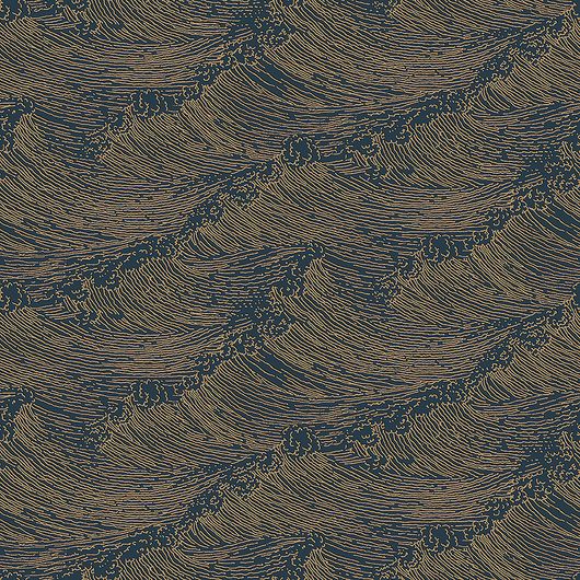 Выбрать дизайнерские обои The Wave арт. 3117 из коллекции Eastern Simplicity от Borastapeter с изображением волн золотого оттенка в технике гравюры на темно-синем фоне в интернет-магазине с бесплатной доставкой.