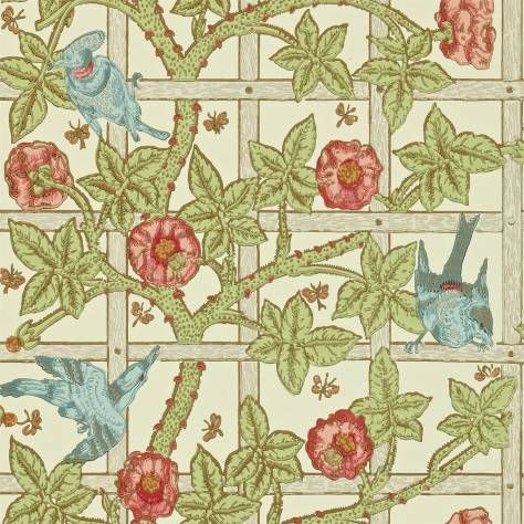 Рисунок изысканных дизайнерских обоев с цветами шиповника на шпалере с птицами и насекомыми.