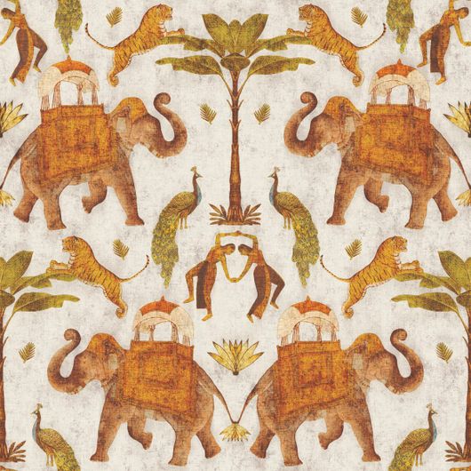 Обои "Nomad" арт.4300-1, фирмы Aura, с рисунком в колониальном стиле с изображением слонов, обои для гостиной