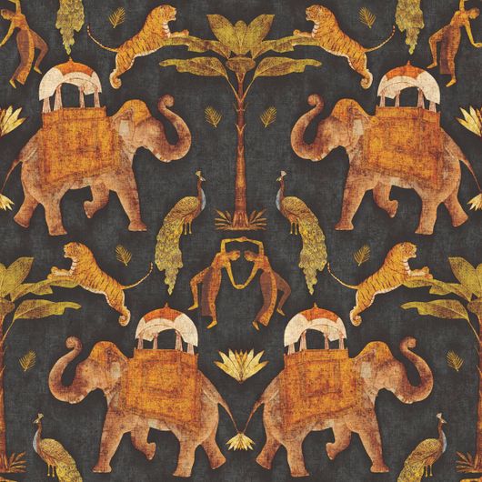 Обои "Nomad" арт.4300-2, фирмы Aura, с рисунком в колониальном стиле с изображением слонов, обои для кабинета