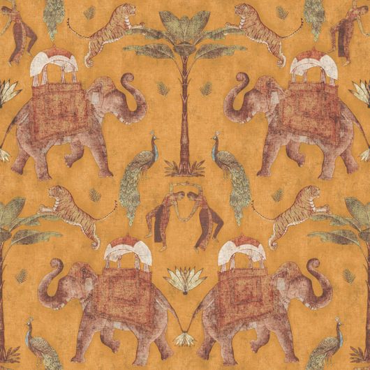 Обои "Nomad" арт.4300-5, фирмы Aura, с рисунком в колониальном стиле с изображением слонов, обои для гостиной