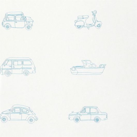Выбрать детские обои Go Go Retro от Harlequin со схематичным изображением ретро автомобилей, скутеров, фургонов и лодок голубого цвета на белом фоне в интернет-магазине.