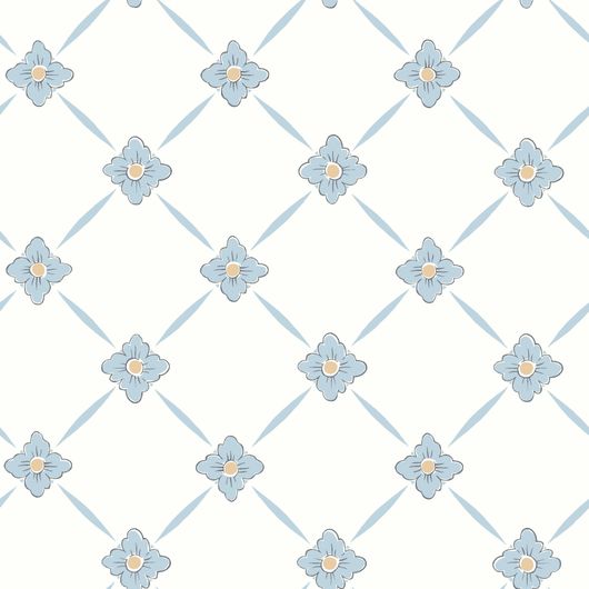Обои Linné артикул 4506 из каталога "Anno" от  Borastapeter с цветочным винтажным орнаментом в виде трельяжной сетки голубого цвета на белом фоне