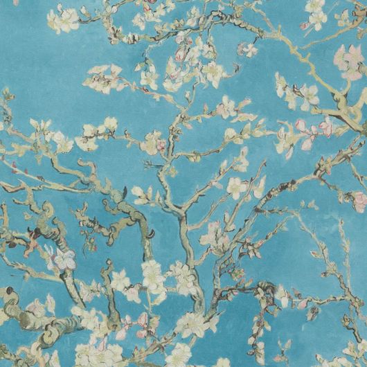 Виниловые моющиеся обои Almond Blossom с узором цветущего миндального дерева на небесно голубом фактурном фоне можно купить в Москве