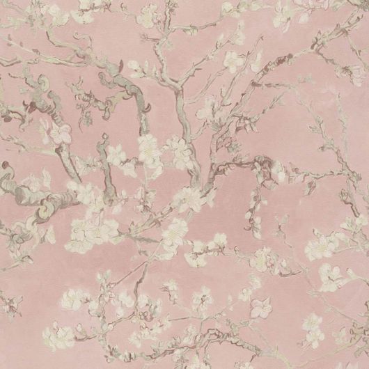 Виниловые обои с узором из ветвей цветущего дерева миндаля на нежно розовом фактурном фоне имитируем картины Ван Гога