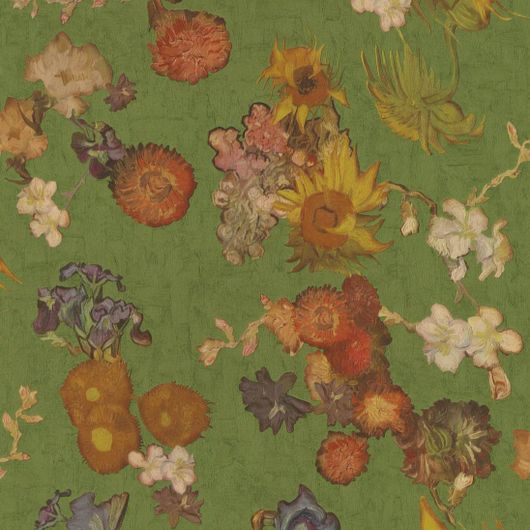 Плотные виниловые обои с цветочным узором картин Ван Гога на весенне зеленом фактурном фоне для кухни или гостиной