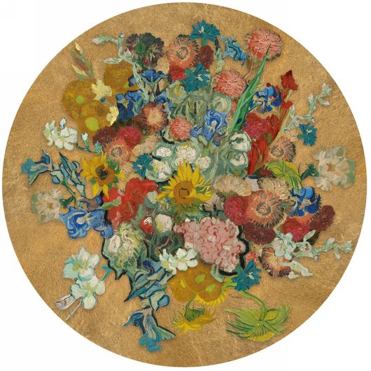 Уникальное круглое панно с дизайнерским многоцветным узором из цветов Ван Гога в акварельных оттенках для гостиной