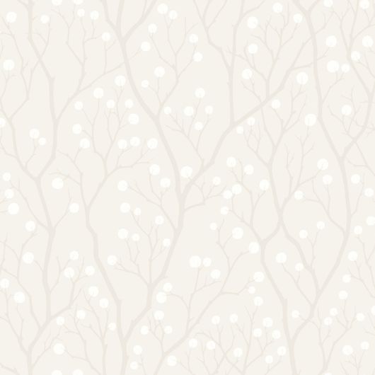 Обои Snowberry от ECO Wallpaper со стилизованным перламутровым рисунком веток и плодов снежноягодника на молочном фоне. Обои для гостиной, детской. Большой ассортимент шведских обоев в салонах ОДизайн.