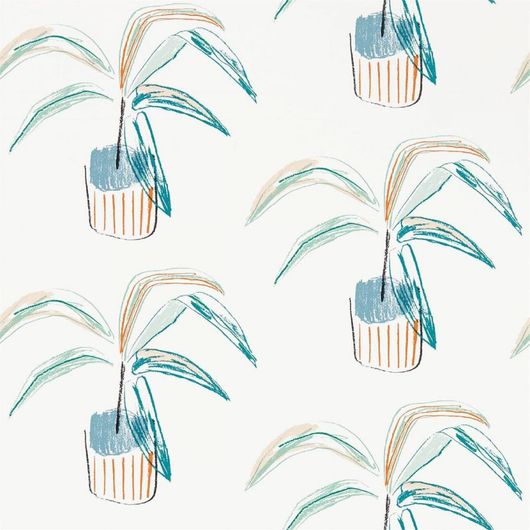 Заказать обои в спальню арт. 111990 дизайн Barbican из коллекции Zanzibar от Scion, Великобритания с  принтом из стилизованных домашних растений в бирюзово-оранжевых тонах на молочном фоне в шоу-руме в Москве, широкий ассортимент