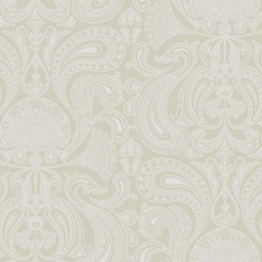 Обои из Великобритании Malabar оливково- серого оттенка, с изящным восточным орнаментом серебристого цвета. Выбрать, заказать обои для комнаты, бесплатная доставка.