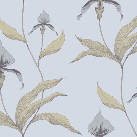 Обои Orchid с изображением серых с оливковым орхидей на светло-синем фоне. Плавные контуры, тонкие линии и штриховка передают объем и красоту каждого цветка. Обои для спальни, гостиной. Большой ассортимент английских обоев в Москве.