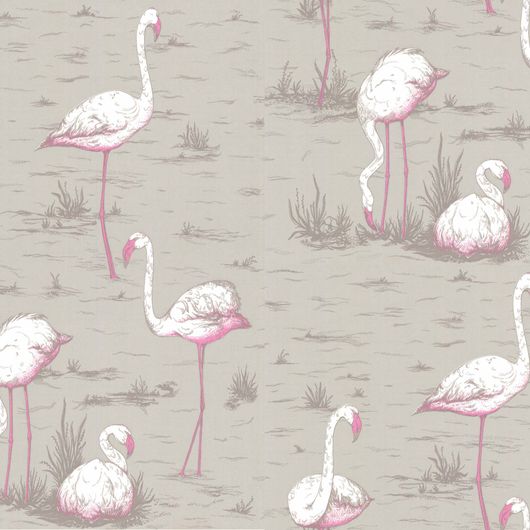 Обои Flamingos от Cole & Son, с грациозными фламинго, нарисованными в  розоватых тонах, красиво выделяющимися  на бежевом пастельном фоне . Купить в Москве, бесплатная доставка, онлайн оплата.