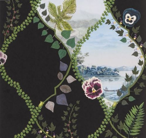 Изящное воплощение стелящихся побегов плюща и цветущих анютиных глазок, форму которым придает трельяжная решетка, на черном фоне представляет собой серию безмятежных ландшафтов - взгляд в уникальный мир Christian Lacroix изображенный на дизайнерских обоях из Великобритании