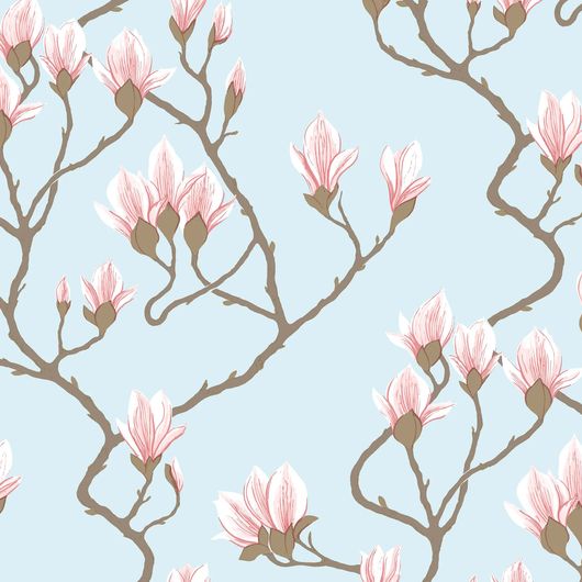 Цветочный дизайн обоев Magnolia от Cole & Son в оттенках небесно-голубого и розового  с изображением крупных магнолий, в котором  чувствуется теплое дыхание юга. Выбрать обои в интернет-магазине, бесплатная доставка, магазин обоев в Москве.