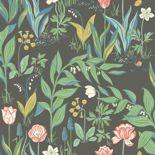 Шведские обои Spring Garden артикул 7219 из каталога In Bloom от Borastapeter с многоцветным узором весеннего сада на темном фоне