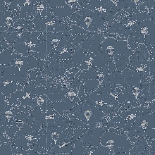 Обои  из Швеции коллекция Newbie, с рисунком под названием Adventures выполнен на темно-синем фоне на которых детально прорисована карта приключений с островами, воздушными шарами, самолетами , идеально подойдут для спален детей. Шведские обои купить, салон обоев ОДизайн, в интернет-магазине, бесплатная доставка, оплата онлайн, большой ассортимент