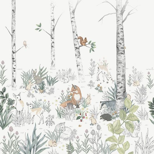 Флизелиновые фотообои из Швеции коллекция Newbie от Borastapeter, с рисунком под названием Magic Forest Mural – Магический лес. Лесные деревья и животные сошедшие со страницы детской раскраски станут идеальным фотопанно для детской. Оплата онлайн, купить обои, большой выбор, бесплатная доставка