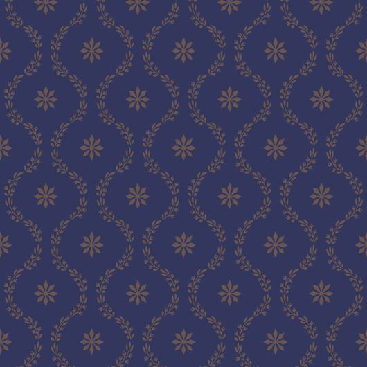 Обои Clandon Cole & Son с орнаментом из изогнутых лиственных линий и вплетенных в их канву небольших цветов-звездочек золотого цвета на синем фоне. Обои для прихожей, кабинета заказать в интернет-магазине, онлайн оплата.