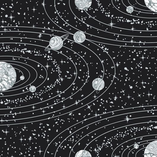 Обои из Швеции коллекция Graphic World, Тонкий изысканный рисунок черных обоев Orbit вдохновлен красотой и величием Солнечной системы. Серебряные очертания звезд, астероидов и планет вспыхивают на свету прохладным мерцанием. Шведские обои купить, салон обоев ОДизайн, в интернет-магазине, бесплатная доставка, оплата онлайн, большой ассортимент