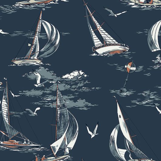 Продажа обоев для стен из Швеции коллекция Marstrand ll, с рисунком лодка Sailboats, обои для кабинета, для гостиной, для детской, темно-синем фоне. Купить в интернет-магазине, салон обоев ОДизайн, большой ассортимент, бесплатная доставка, оплата онлайн