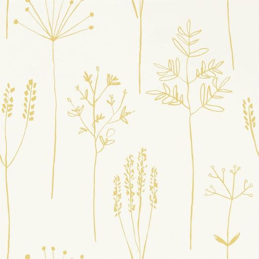 Купить обои в прихожую арт. 112021 дизайн Stipa из коллекции Zanzibar от Scion, Великобритания с принтом в виде абстрактных растений желтого цвета на бежевом фоне в минималистичном стиле  на сайте Odesign.ru, бесплатная доставка
