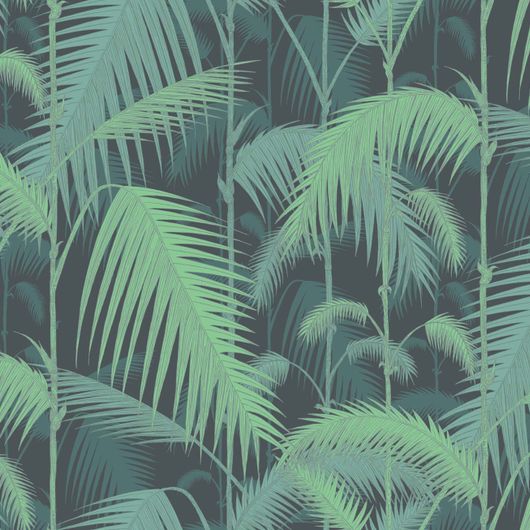 Обои Palm Jungle от Cole & Son - это пышный многослойный мотив из густой листвы джунглей в сине-зеленых оттенках на угольном фоне. Обои для гостиной, спальни. Купить обои в салоне, большой ассортимент, бесплатная доставка.