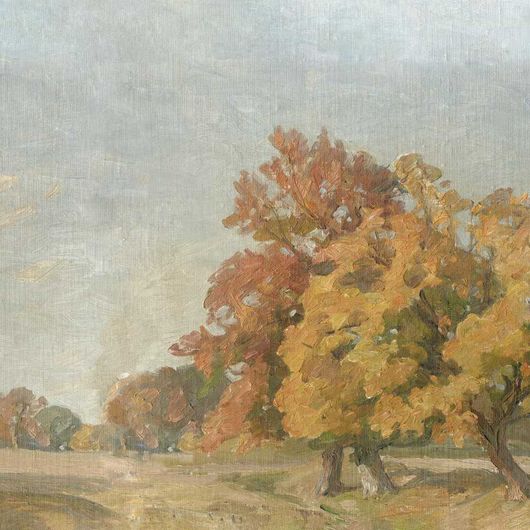 Цифровые обои для стен Hedgerow Landscape Orange, арт. 9668W от Borastapeter, с пейзажем обширных лугов и высокими деревьями, написанного маслом, представлено в теплых приглушенных тонах горчично-желтого, оранжевого и терракотового на фоне нежно-зеленой листвы и бледно-голубого неба. Заказать в интернет-магазине ODesign с бесплатной доставкой по всей России.