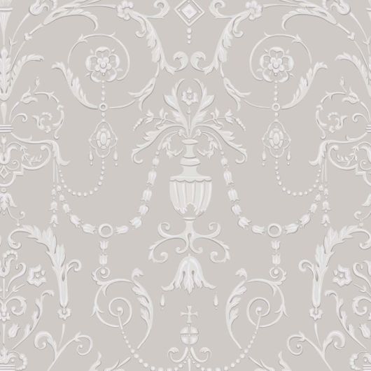 Обои Regalia от Cole & Son с жемчужным узором из композиции элементов королевских регалий и драгоценностей британской короны на дымчато-сером фоне. Обои для гостиной, столовой, спальни купить в салонах ОДизайн, большой ассортимент.