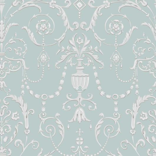 Обои Regalia от Cole & Son с жемчужным узором из композиции элементов королевских регалий и драгоценностей британской короны на голубом фоне. Обои для гостиной, столовой, спальни купить в салонах ОДизайн, большой ассортимент.