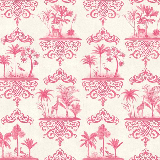 Ажурный орнамент на обоях Rousseau от Cole & Son с изображением пальм и экзотических животных розового цвета навеян росписями фарфора XVIII–XIX вв. Обои для детской, прихожей. Большой ассортимент, онлайн оплата.