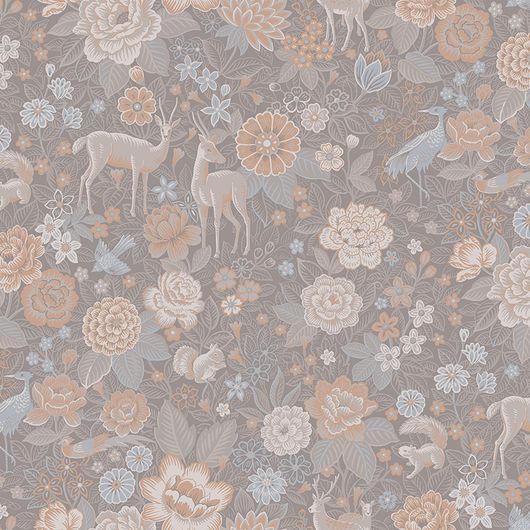 Флизелиновые обои для гостинной BRIT 3 002/1 из коллекции British Style Forest от Loymina на бежевом фоне цветы с птицами, оленями в шоу-руме О-Дизайн в Москве.