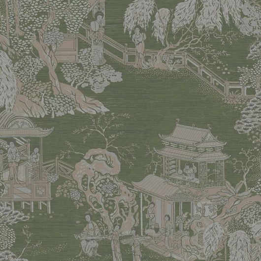 Обои флизелиновые Pagoda, артикул CH01327 из каталога CHELSEA бренда Architector с восточным, сюжетным узором пейзажа в стиле шинуазри на зеленом фоне для ванной, гостиной или спальни