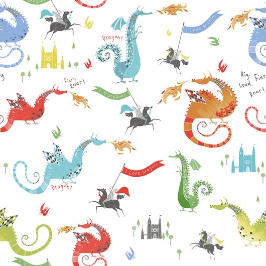 Флизелиновые обои в детскую со сказочным сюжетом для мальчиков и многоцветным узором животных и драконов на белом фоне