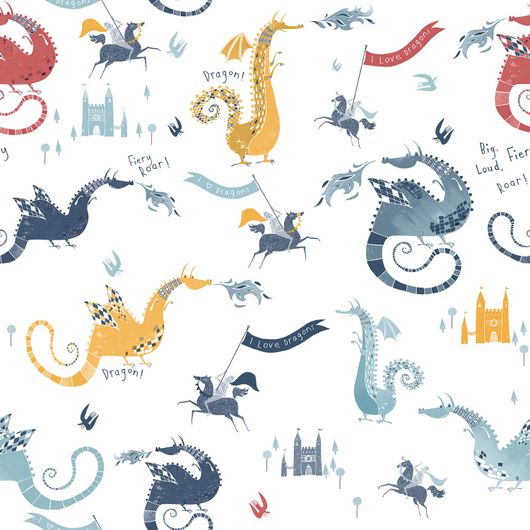 Флизелиновые обои с сюжетным узором животных, драконов и замков  для детской