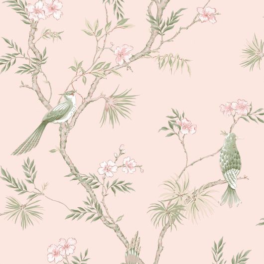 Обои нежно розового оттенка для спальни детской или гостиной с узором птиц сидящих на цветущих деревьях купить в Москве